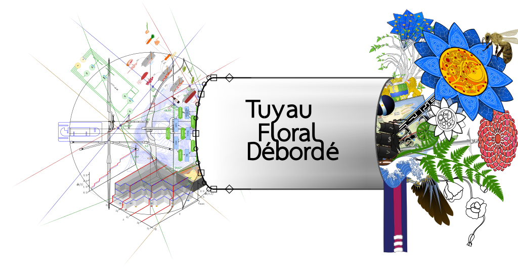 Un tuyau horizontal, dont semble déborder des motifs géométrique floraux à droite, et des dessins mathématiques à gauche.