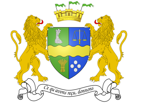 Parti, de sinople à dextre et d'azur à senestre, au premier une tour d'argent ruinée à senestre maçonnée de sable, au deuxième une épée d'argent garnie d'or brochant sur une balance du même, au troisième un épi de blé d'or, au quatrième quatre besants d'argents ; à la fasce ondée d'or brochant sur la partition ; l'écu timbré d'une couronne murale d'or à trois tours pavillonées de gonfalons de sinoples, deux lions affrontés d'or pour supports