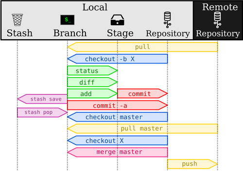 Des flèches colorées reliant divers états mis en jeu dans le logiciel Git.