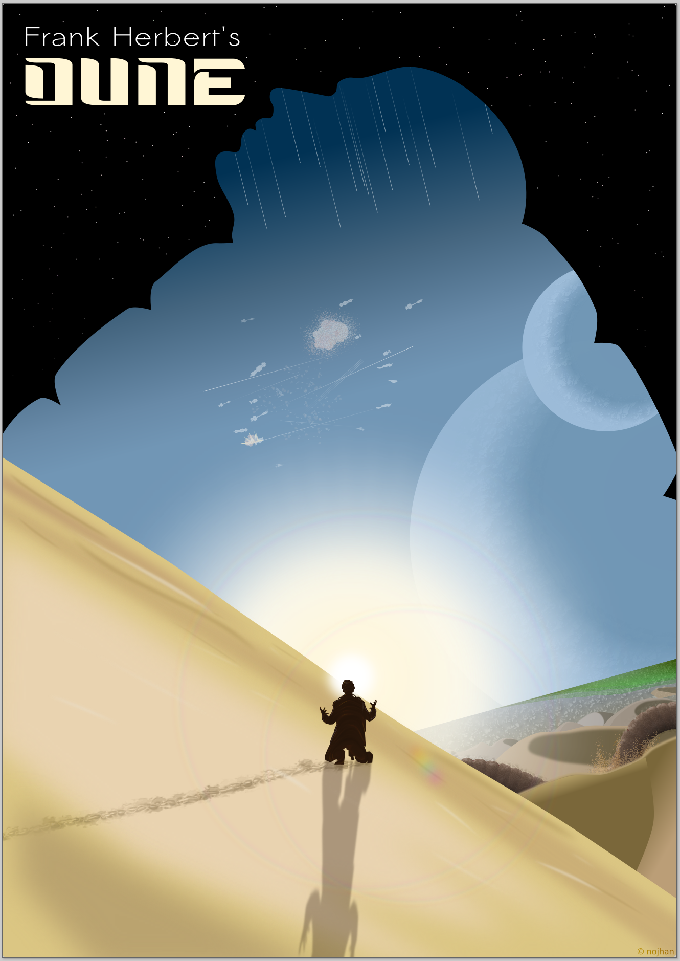 Affiche montrant une silhouette d'homme accroupi, les bras levés, sur le flan d'une gigantesque dune. Au loin, le paysage est couvert de dunes, on apperçoit un ver de sables. Sur la ligne d'horizon, le paysage est vert. Le ciel est découpé en une partie bleue montrant deux lunes et un combat de nombreux vaisseaux spaciaux au loin ; l'autre partie montre un ciel noir et des étoiles. Le découpage a la forme d'une tête d'homme sur un corps de ver.