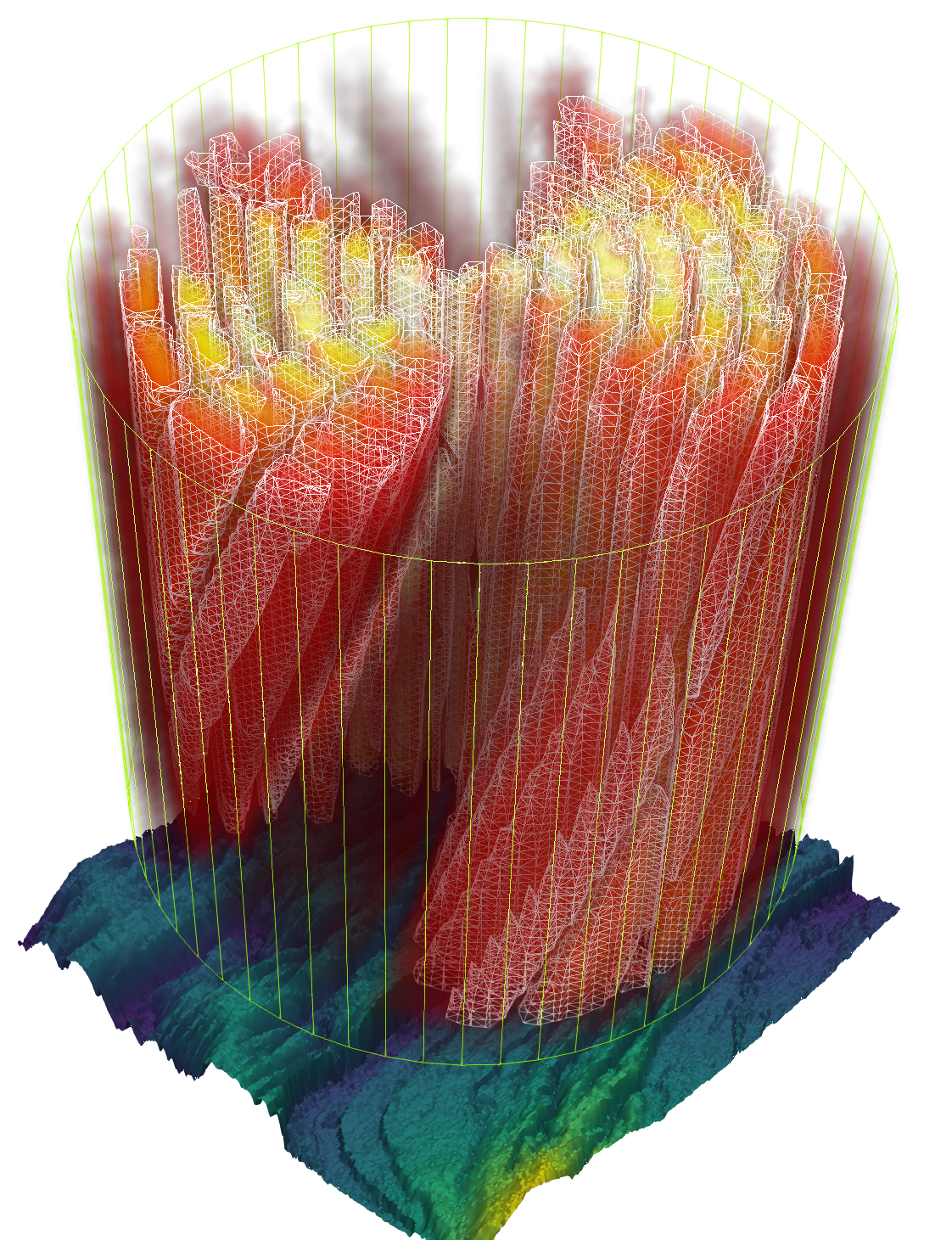 Un cylindre vertical, rempli de voxels allant du orange au rouge, organisés en spirales.